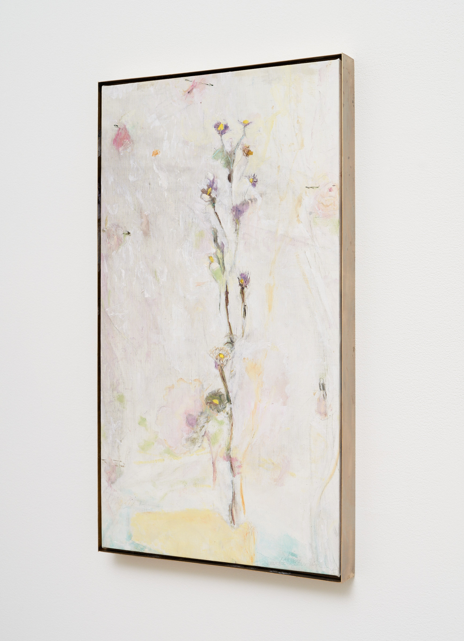 Still life with yellow vase and roses pinned to curtain